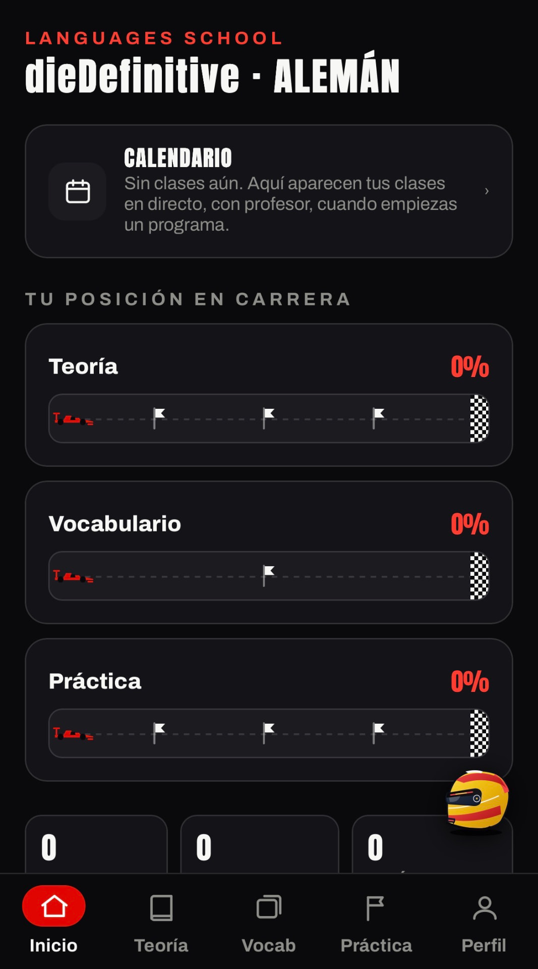Pantalla de la app dieDefinitive con el calendario y la posición en carrera