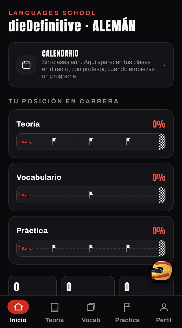 Pantalla de inicio de la app de Die Definitive: calendario de clases y progreso en Teoría, Vocabulario y Práctica